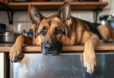 Овчарка каким-то чудом залезла на холодильник, не давая тестю полакомиться нашими припасами